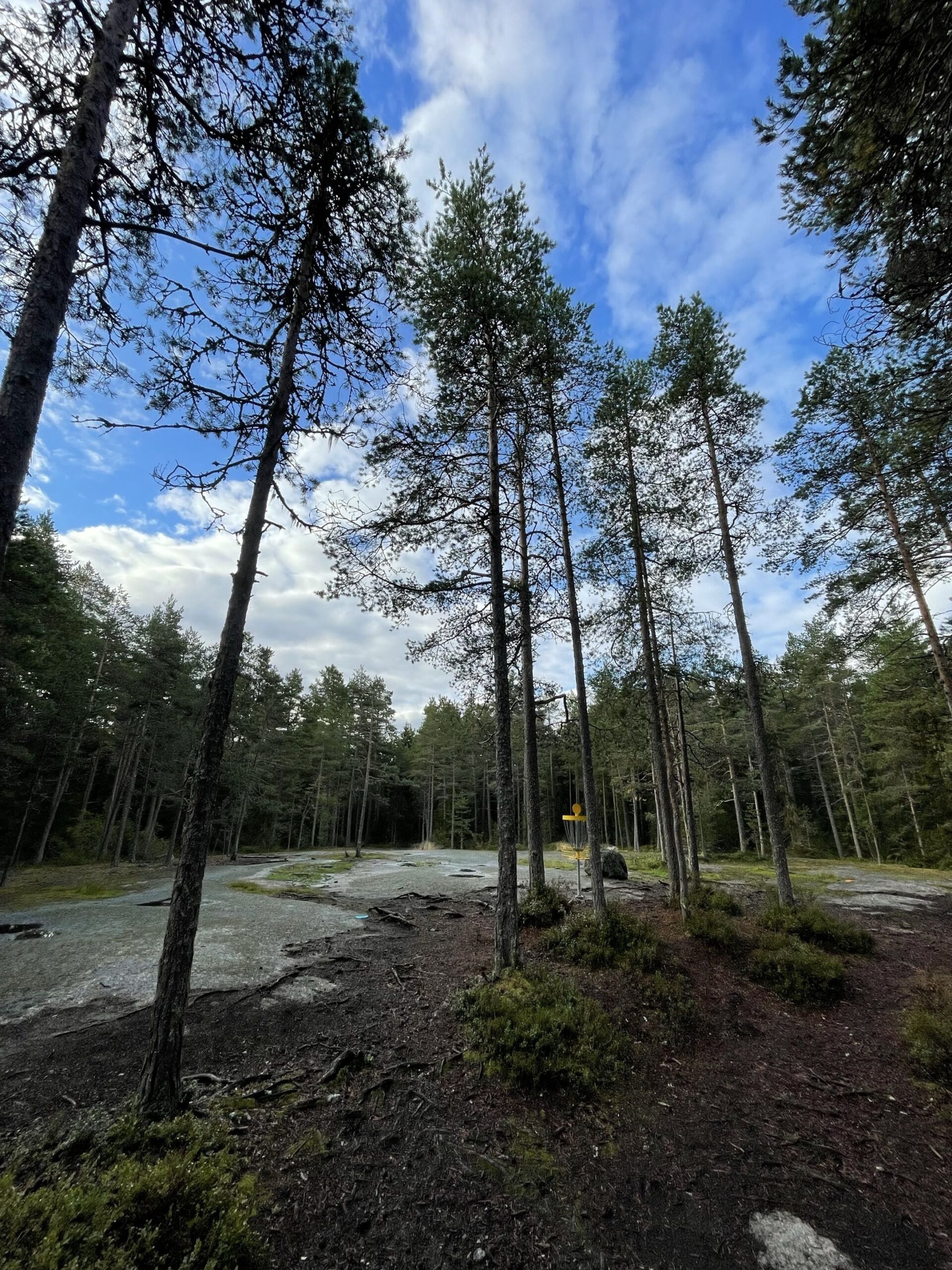 Gerbyn frisbeegolfrata puolipilvisenä päivänä.